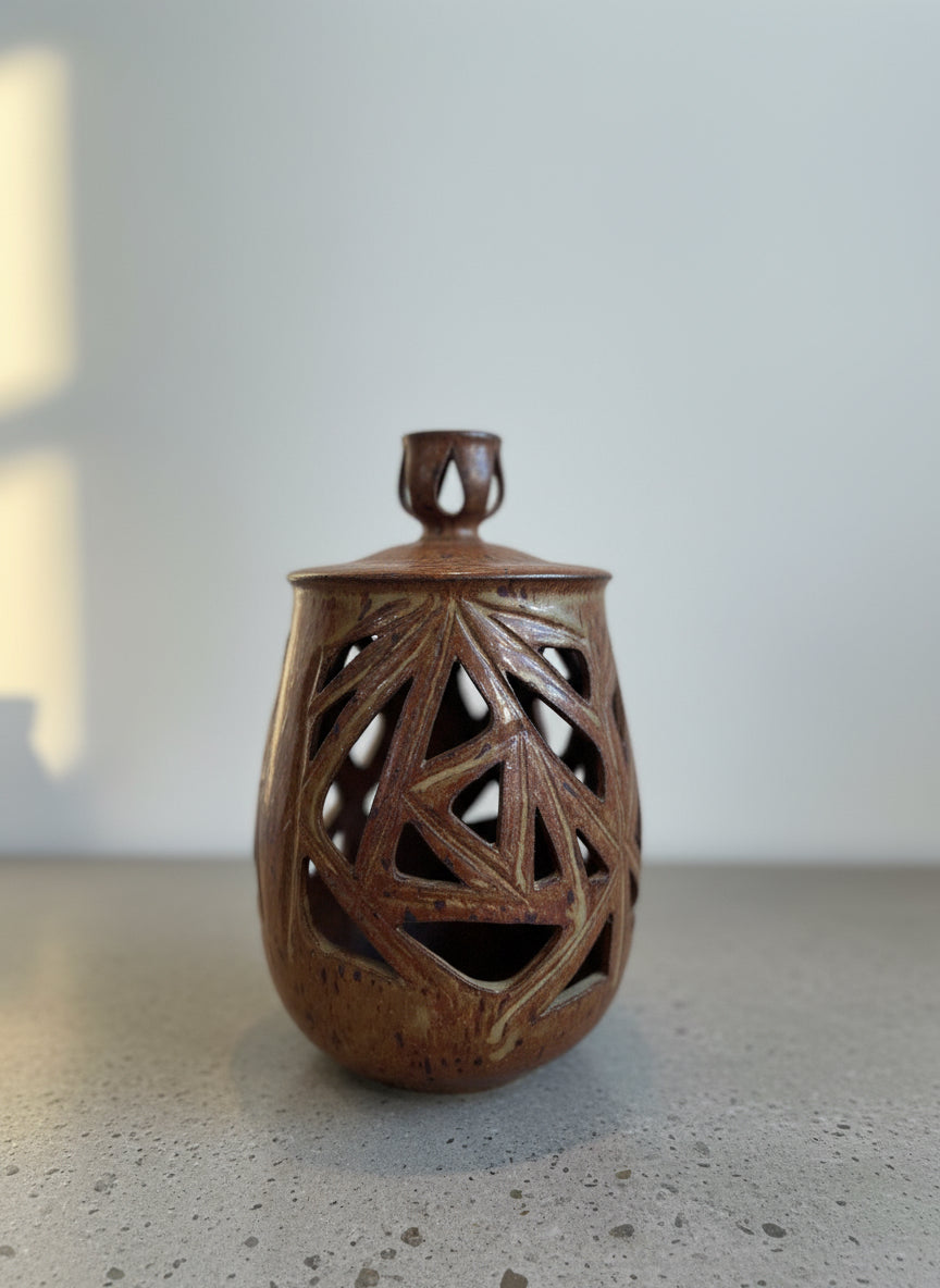 Vintage Ceramic Vase with Lid and Geometric Cutout Design - warm earthy glaze with geometric cutouts, hommes + gardens estudio.