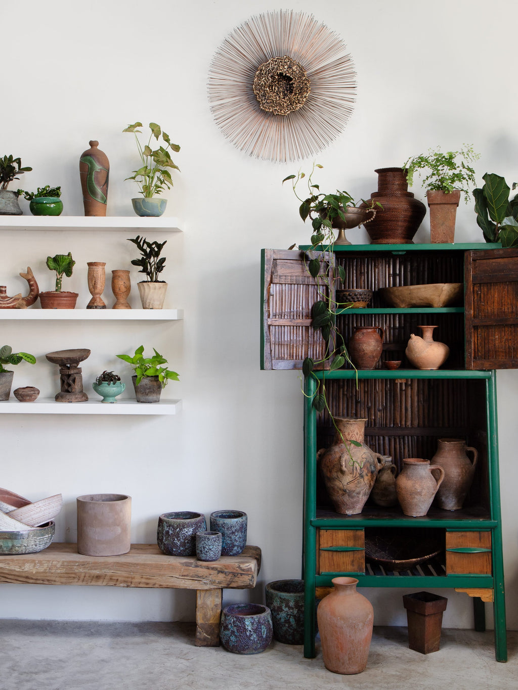 Chinese Qing Dynasty Kitchen Cabinet With Bamboo and Sliding Panels displaying beautiful ceramic pots and plants. hommes + gardens estudio.