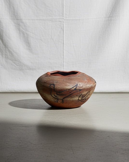Vintage Clay Vase with Primitive Drawings (Signed) featuring animal drawings, weathered finish, hommes + gardens estudio.