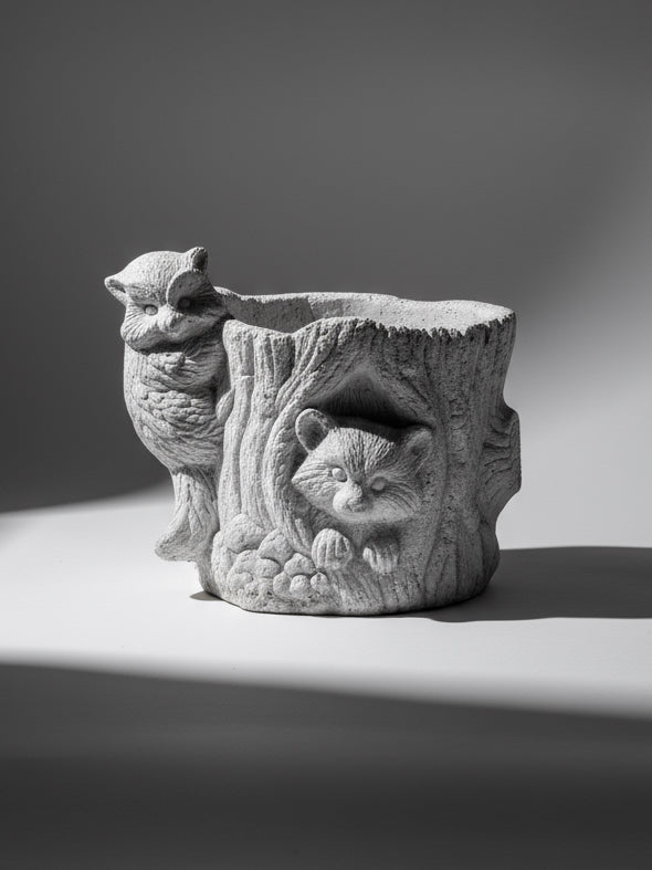 Vintage Concrete Animal Planter featuring an owl and raccoon design, perfect for adding charm to any garden decor. hommes + gardens estudio.