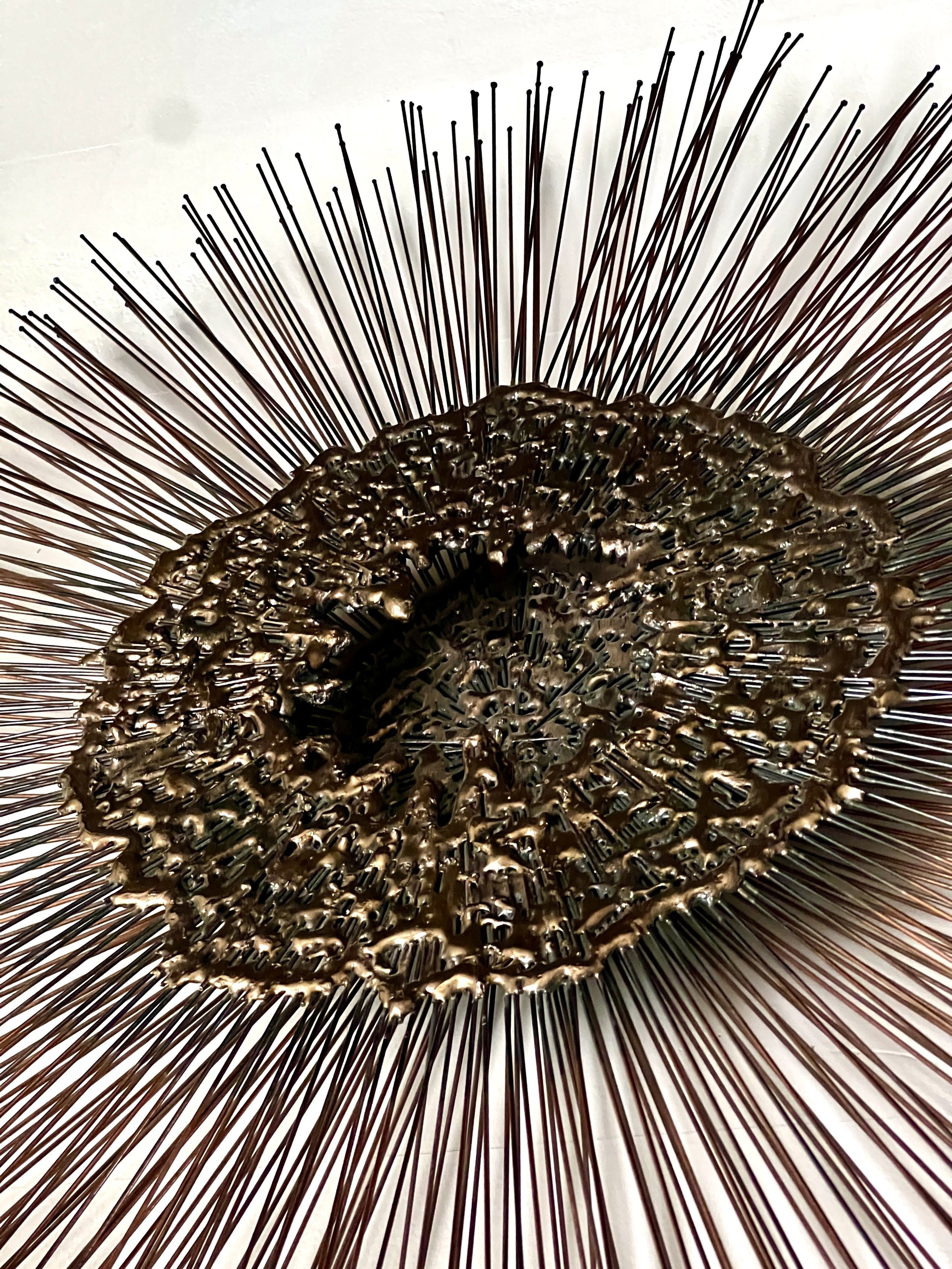 Vintage Curtis Jeré-inspired brass and copper wire sunburst wall art sculpture with three-dimensional orb, mid-century modern elegance — Hommes and Gardens, Wallscape Collection, Landscape Architect, Interior Designer, Outdoor Living, Art, Furniture, Objects, Best Gifts, Nature, Backyard, Yard, Outdoor Decorations, Home Decor, Home Design, Luxury Design.