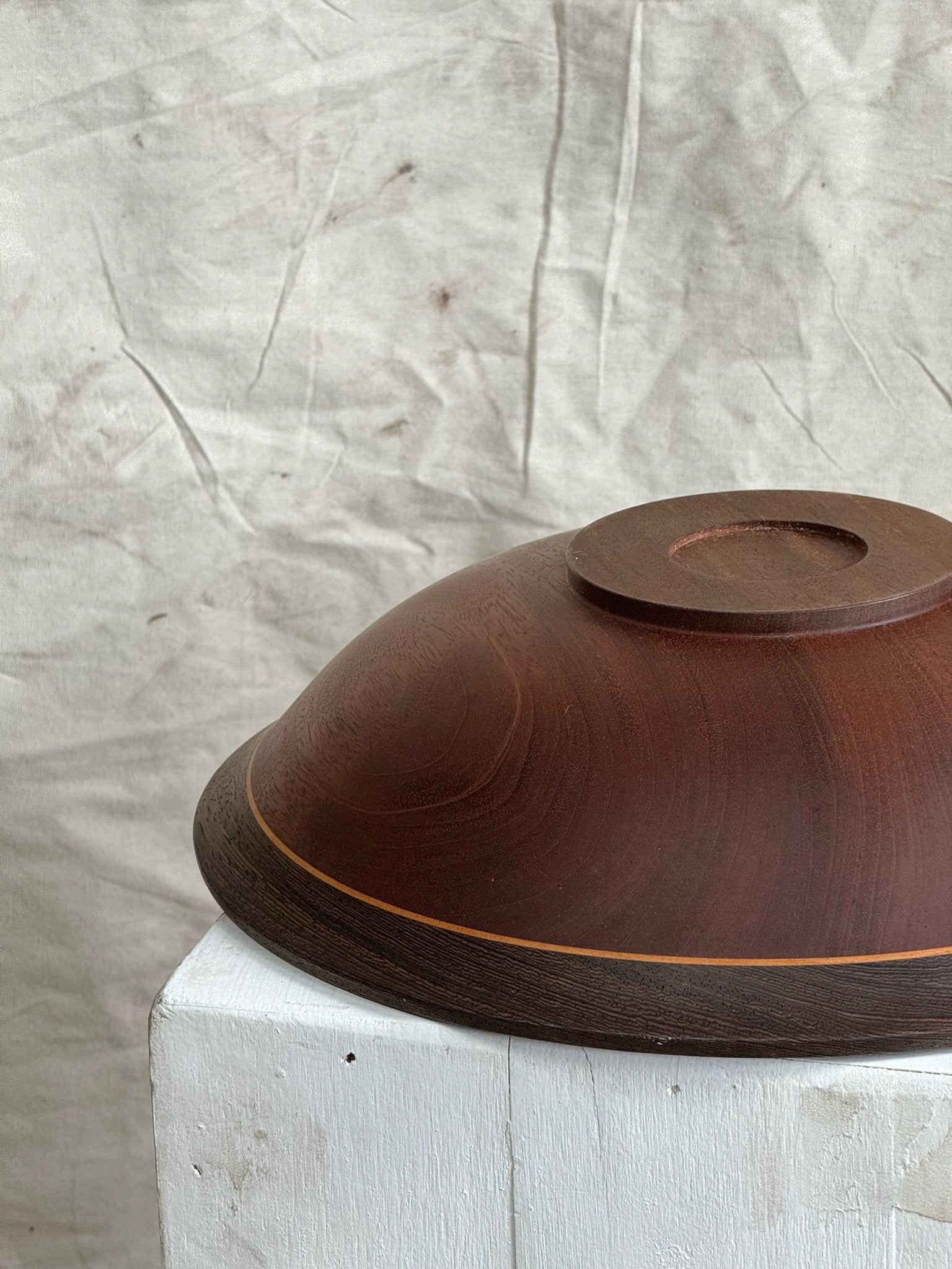 Vintage Mahogany Wooden Bowl with dark brown finish and golden stained wood ring. Perfect for serving salads, fruits, and rolls. hommes + gardens estudio.