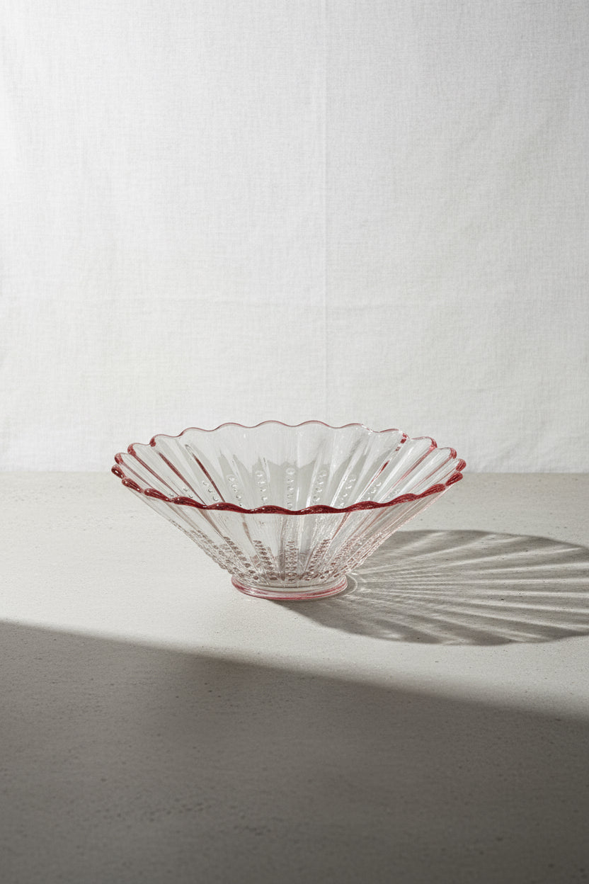 Vintage Depression Oyster And Pearl Pink bowl featuring elegant pink trim and intricate detailing, perfect for vintage glassware collections. hommes + gardens estudio.