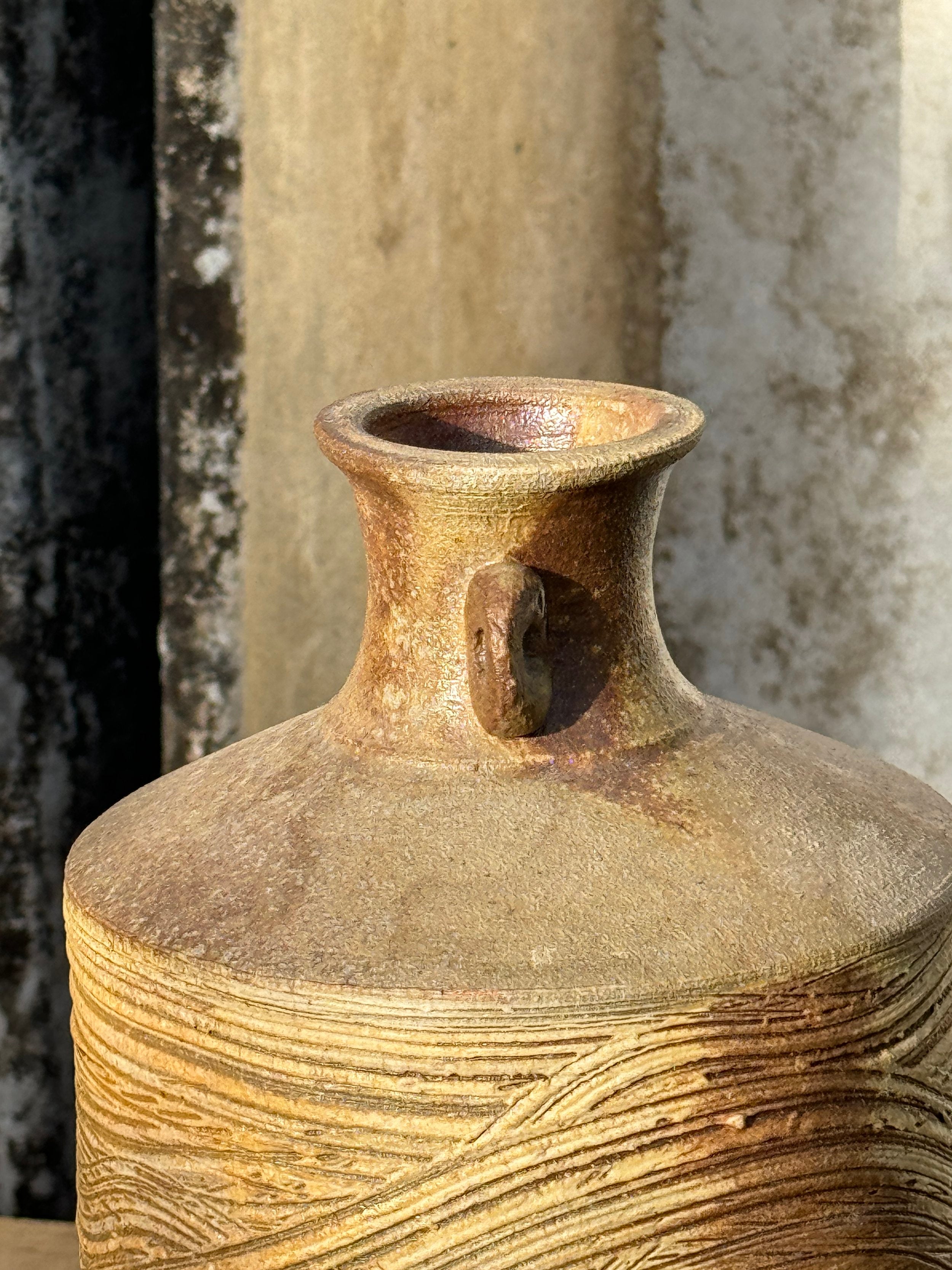 Vintage Brown Wooden Grain Etched Salt Glazed Stoneware Jug with Handles Signed, showcasing rustic charm and intricate details. hommes + gardens estudio.