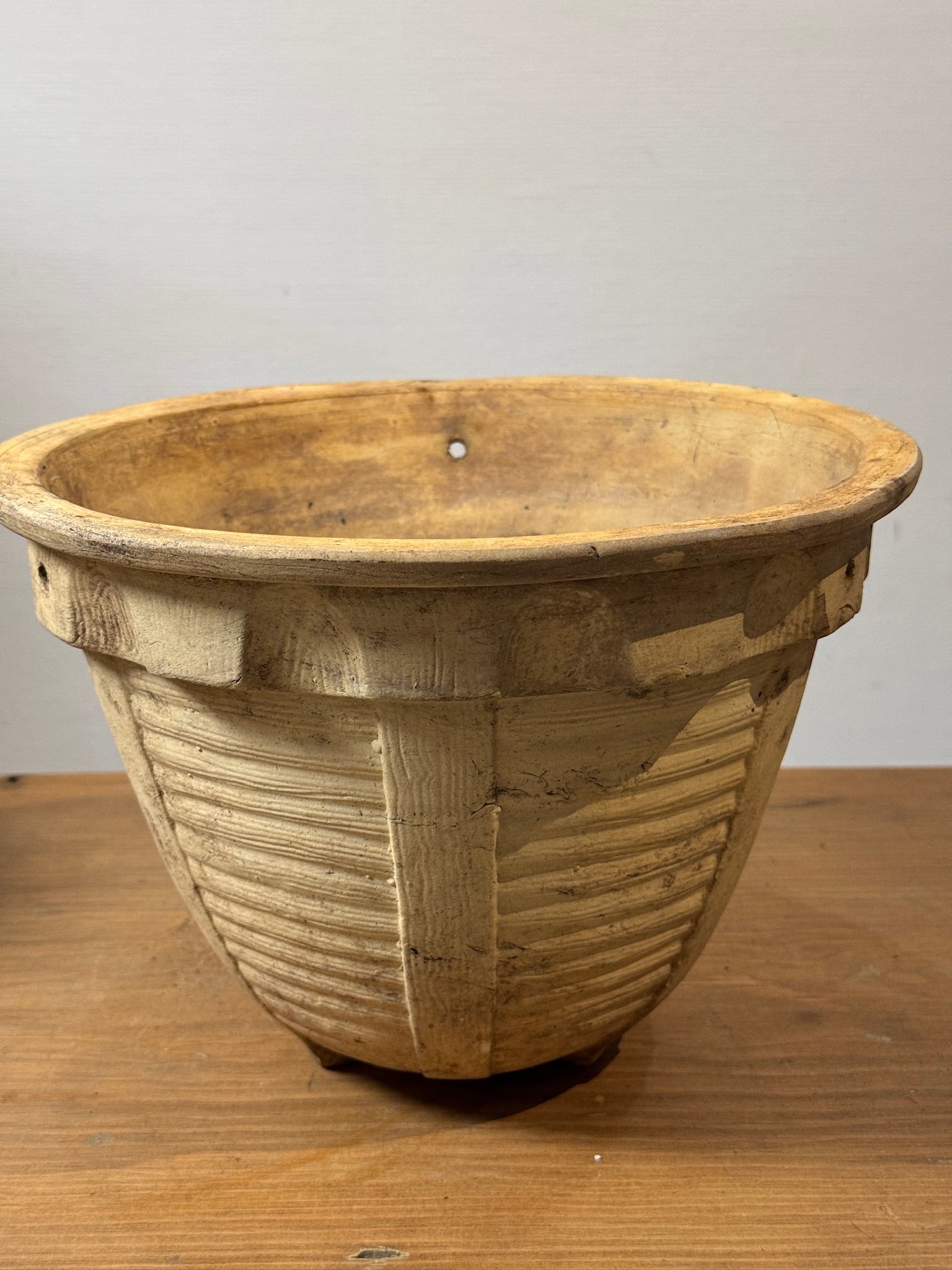 Vintage European terracotta olive jar planter with aged surface and ribbed detailing, classic Mediterranean garden accent — Hommes and Gardens, Pots + Planters Collection, Landscape Architect, Interior Designer, Outdoor Living, Art, Furniture, Objects, Best Gifts, Nature, Backyard, Yard, Outdoor Decorations, Home Decor, Home Design, Luxury Design.