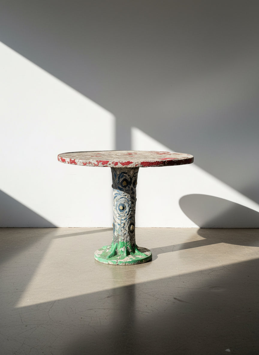 Vintage faux bois sculptural concrete garden table with hand-painted aged patina, organic bark texture, and Brutalist folk art design, ideal for indoor or outdoor display — Hommes and Gardens, Furniture Collection, Home Decor, Landscape Architect, Interior Designer, Outdoor Living, Outdoor Decorations, Home Design, Luxury Design, Art, Furniture, Objects, Best Gifts, Nature, Backyard, Yard.