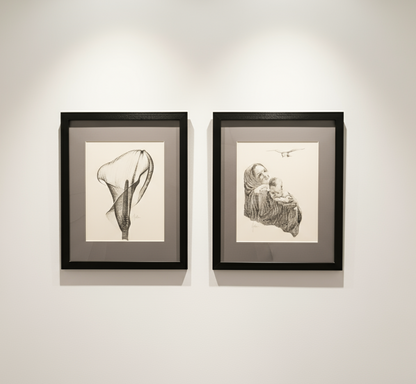 Vintage framed wall art set of two pieces featuring black and white images — one of a woman with a child and the other a calla lily flower, elegant and timeless decor for home or office — Hommes and Gardens, Wallscape Collection, Wall Art, Vintage Decor, Framed Artwork, Monochrome Design, Classic Home Accessories, Artistic Wall Pieces.