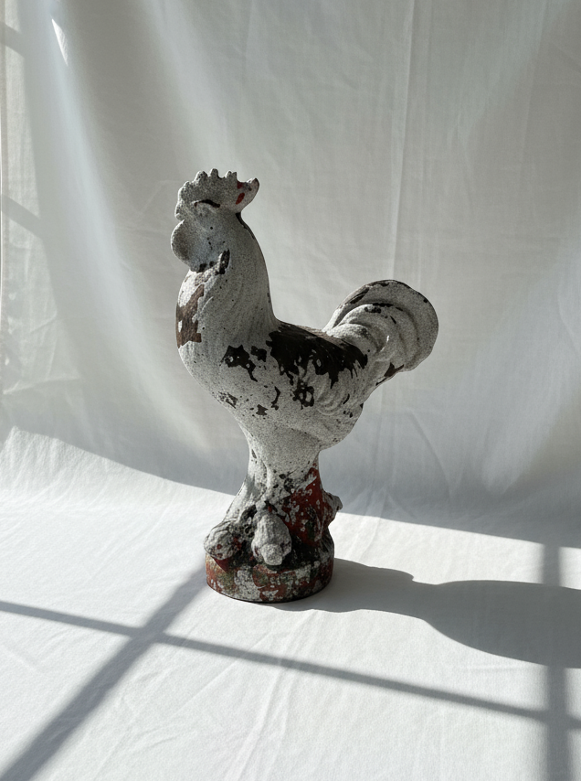 Vintage French cast concrete rooster sculpture with weathered patina and hand-painted remnants, a rustic French country garden ornament perfect for farmhouse or outdoor décor — Hommes and Gardens, Fauna Collection, Home Decor, Landscape Architect, Interior Designer, Outdoor Living, Outdoor Decorations, Home Design, Luxury Design, Art, Furniture, Objects, Best Gifts, Nature, Backyard, Yard.