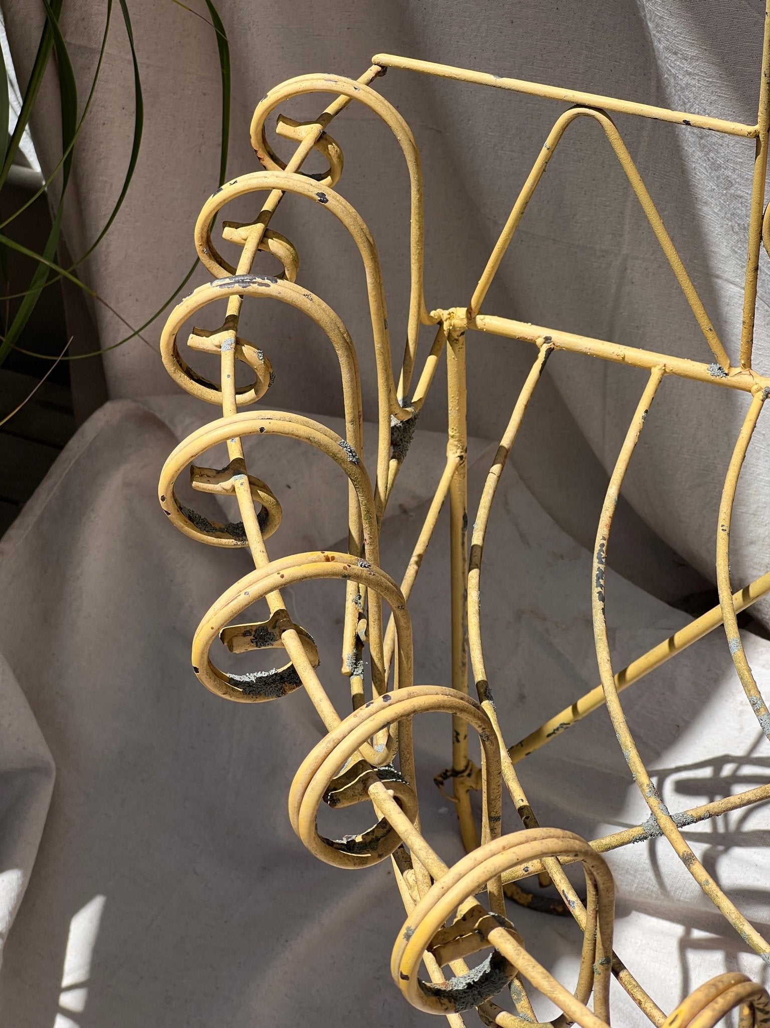 Vintage French three-tier demilune plant stand crafted from iron wire with scrolled borders and yellow patina finish, a stunning antique display for garden décor — Hommes and Gardens, Pots & Vessels Collection, Home Decor, Outdoor Decorations, Landscape Architect, Interior Designer, Outdoor Living, Home Design, Luxury Design, Art, Furniture, Objects, Best Gifts, Nature, Yard, Backyard.