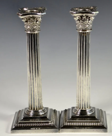 Vintage Gorham silver candlesticks from 1914 with neoclassical Corinthian column design, elegant Broadmoor Hotel originals — Hommes and Gardens, Smoke + Fire Collection, Landscape Architect, Interior Designer, Outdoor Living, Outdoor Decorations, Home Decor, Home Design, Luxury Design, Art, Furniture, Objects, Best Gifts, Nature, Backyard, Yard.