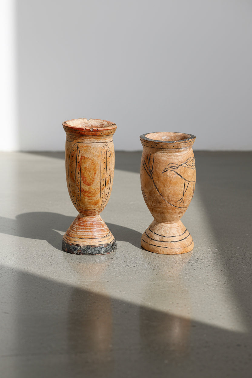 Pair of Vintage Wooden Goblets with Hand Carved Primitive Illustrations showcasing unique engravings on vintage wood. hommes + gardens estudio.