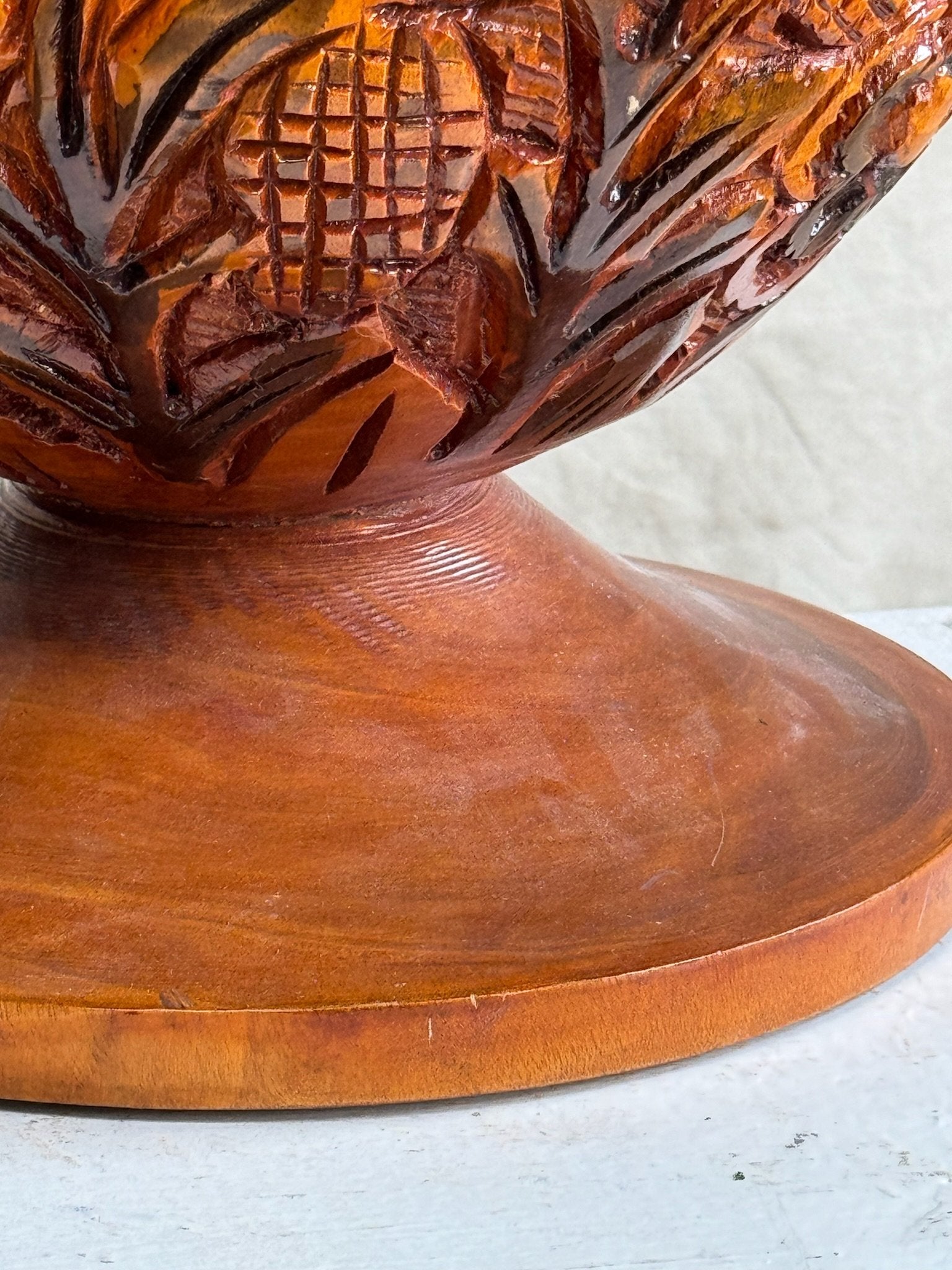 Vintage Arts and Crafts Hand Carved Wooden Lidded Vessel intricate base close-up hommes + gardens estudio