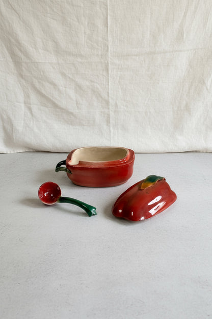 Vintage hand-painted chili pepper salsa bowl and spoon 3-piece set, rustic ceramic kitchen decor with artisanal charm — Hommes and Gardens, Home Decor Collection, Decorative Bowls, Vintage Pottery, Handcrafted Kitchenware, Mexican Style Decor, Colorful Tableware, Ceramic Art.