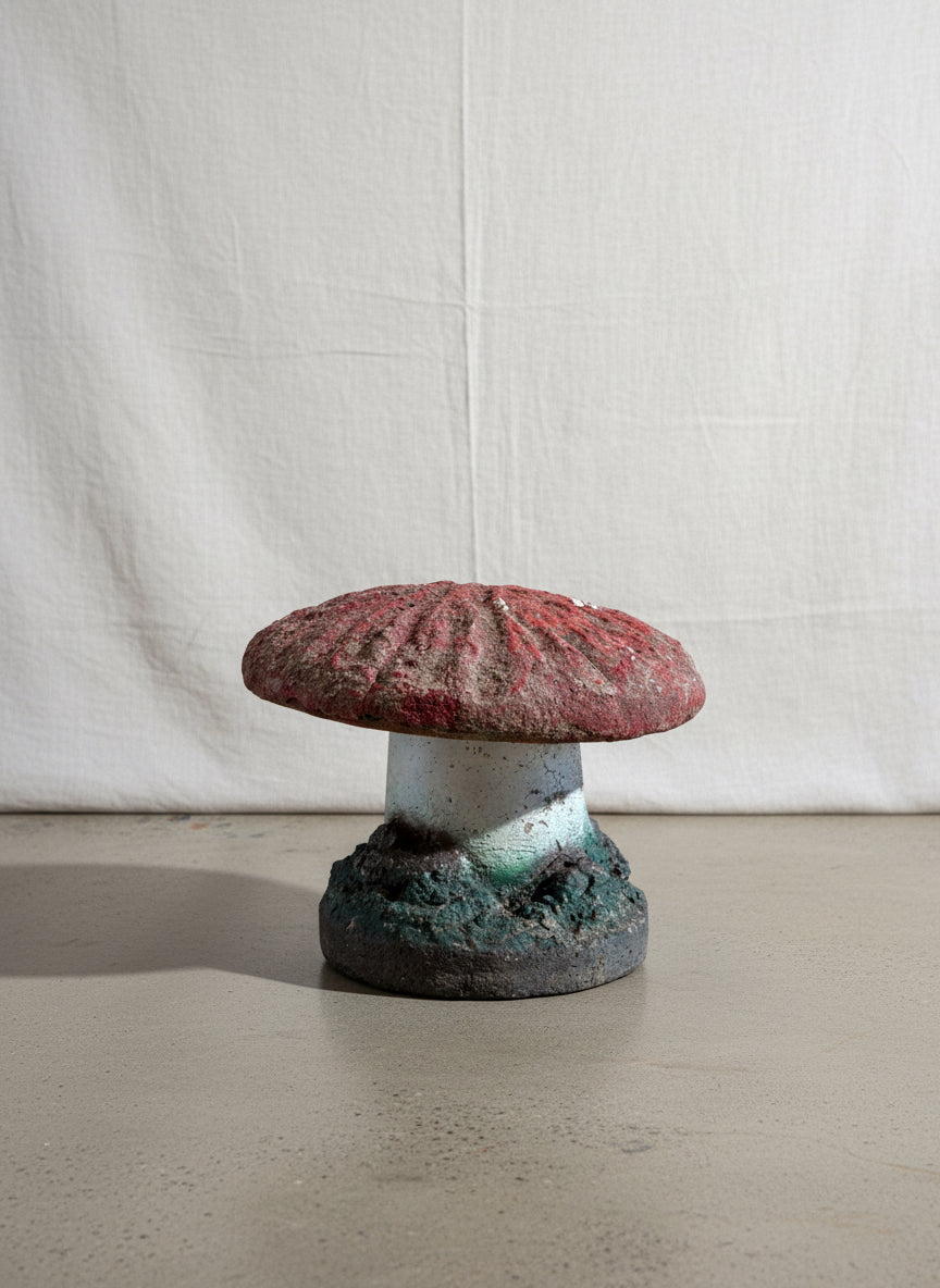 Vintage hand-painted concrete garden mushroom statue with red cap, white stem, and moss-textured base, a whimsical toadstool décor piece adding rustic storybook charm to gardens — Hommes and Gardens, Mushroom Collection, Home Decor, Landscape Architect, Interior Designer, Outdoor Living, Outdoor Decorations, Home Design, Luxury Design, Art, Furniture, Objects, Best Gifts, Nature, Backyard, Yard.