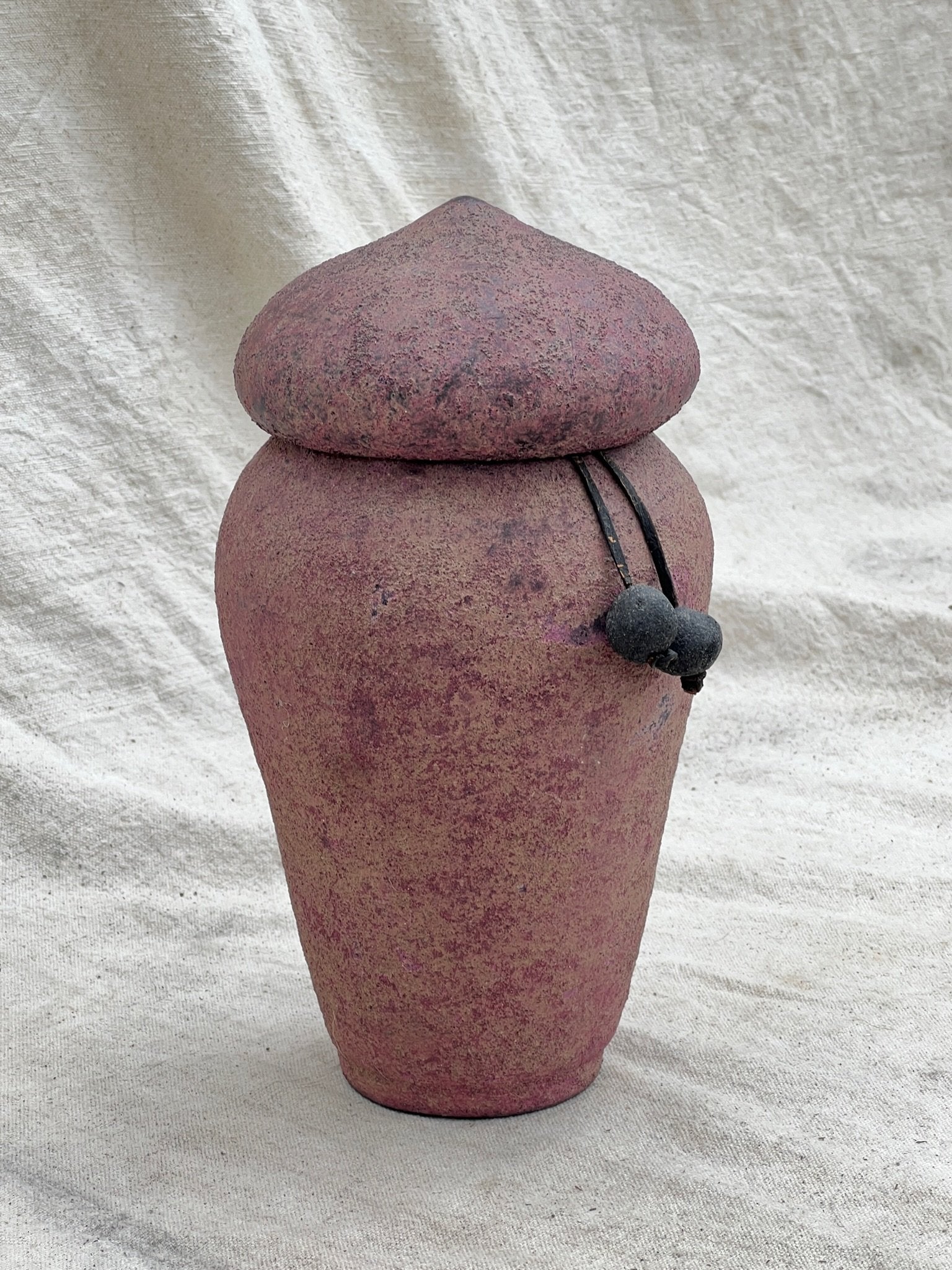 Vintage handcrafted ceramic urn featuring intricate beaded detail and textured glaze in purple and pink tones — Hommes and Gardens, Pots + Vessels Collection, Landscape Architect, Interior Designer, Outdoor Living, Outdoor Decorations, Home Decor, Home Design, Luxury Design, Art, Furniture, Objects, Best Gifts, Nature, Backyard, Yard.