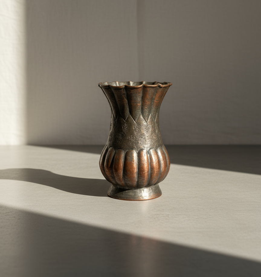 Vintage handcrafted Egyptian copper vase with intricate floral and geometric engravings, scalloped rim, and rich aged patina, a fine example of Middle Eastern metal artistry — Hommes and Gardens, Home Decor Collection, Decorative Objects, Landscape Architect, Interior Designer, Outdoor Living, Outdoor Decorations, Home Design, Luxury Design, Art, Furniture, Objects, Best Gifts, Nature, Backyard, Yard.