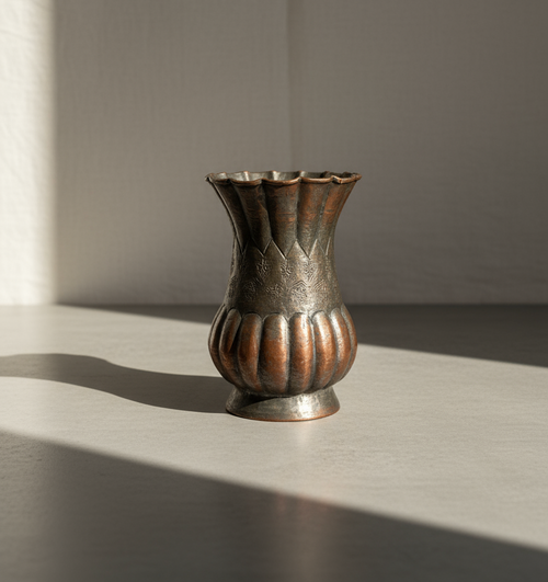 Vintage handcrafted Egyptian copper vase with intricate floral and geometric engravings, scalloped rim, and rich aged patina, a fine example of Middle Eastern metal artistry — Hommes and Gardens, Home Decor Collection, Decorative Objects, Landscape Architect, Interior Designer, Outdoor Living, Outdoor Decorations, Home Design, Luxury Design, Art, Furniture, Objects, Best Gifts, Nature, Backyard, Yard.