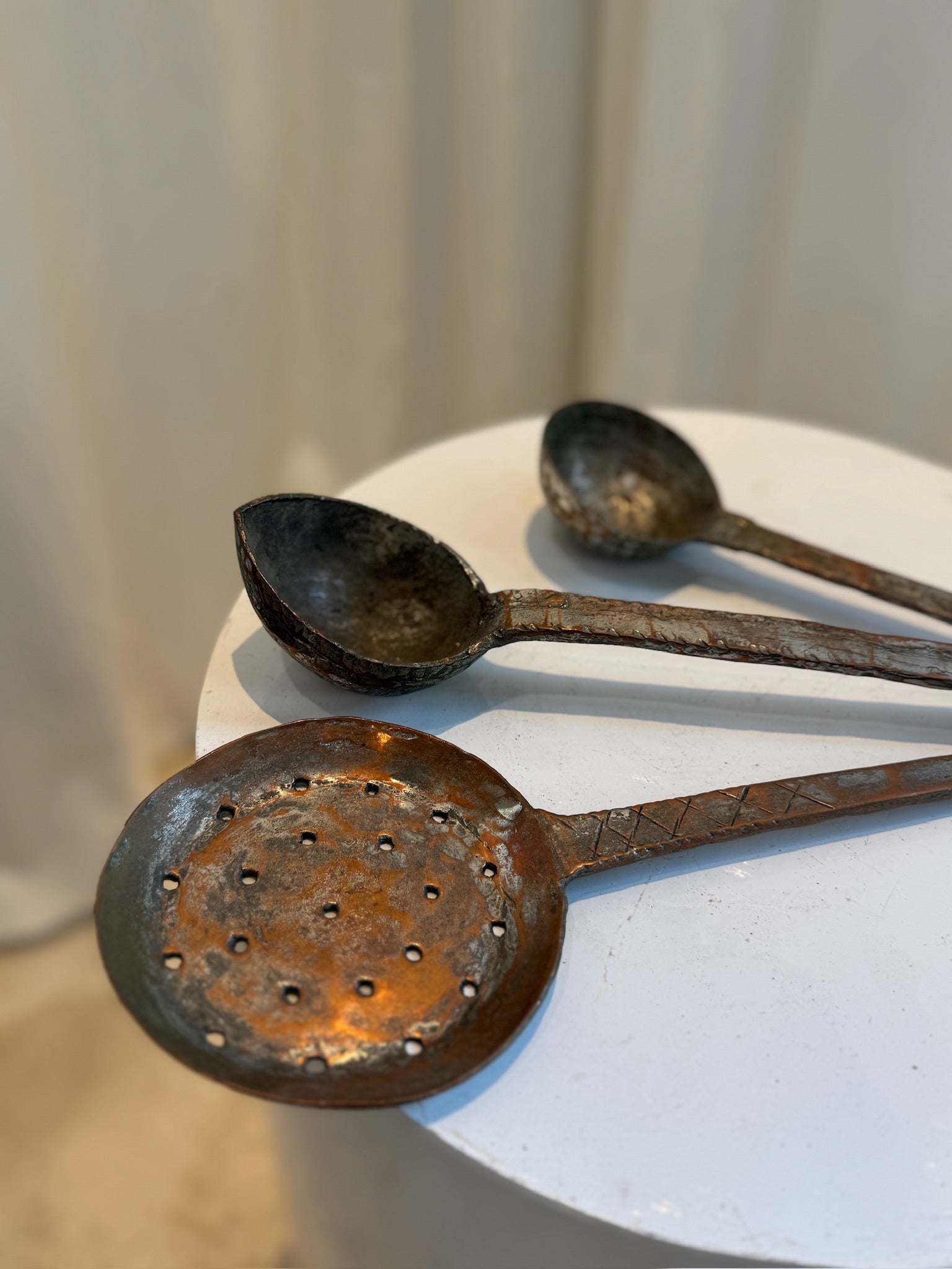 Vintage handcrafted iron ladle set of three, featuring hand-forged blacksmith craftsmanship with rustic patina, perfect for farmhouse decor — Hommes and Gardens, Objects Collection, Landscape Architect, Interior Designer, Outdoor Living, Art, Furniture, Objects, Best Gifts, Nature, Backyard, Yard, Outdoor Decorations, Home Decor, Home Design, Luxury Design.