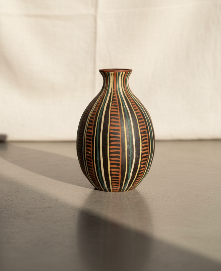 Vintage handcrafted tribal-inspired ceramic vase with bold geometric motifs in earthy black and terracotta tones, a cultural artisan pottery piece — Hommes and Gardens, Pots + Vessels Collection, Decorative Collection, Home Decor, Landscape Architect, Interior Designer, Outdoor Living, Outdoor Decorations, Home Design, Luxury Design, Art, Furniture, Objects, Best Gifts, Nature, Backyard, Yard.