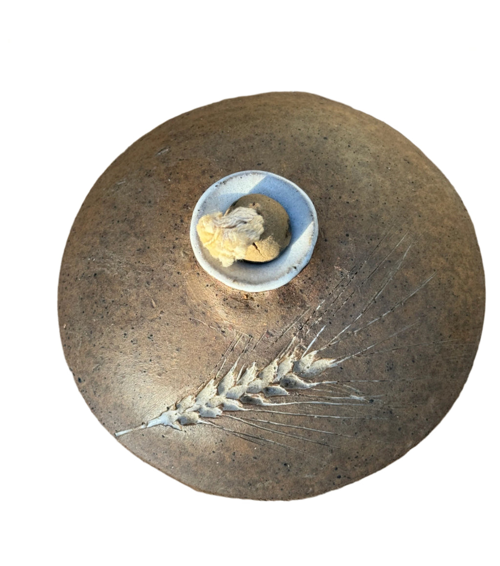 Vintage Hand Crafted Unglazed Flat Oil Lamp with Etched Wheat (Signed) showing elegant design and natural beauty. hommes + gardens estudio.