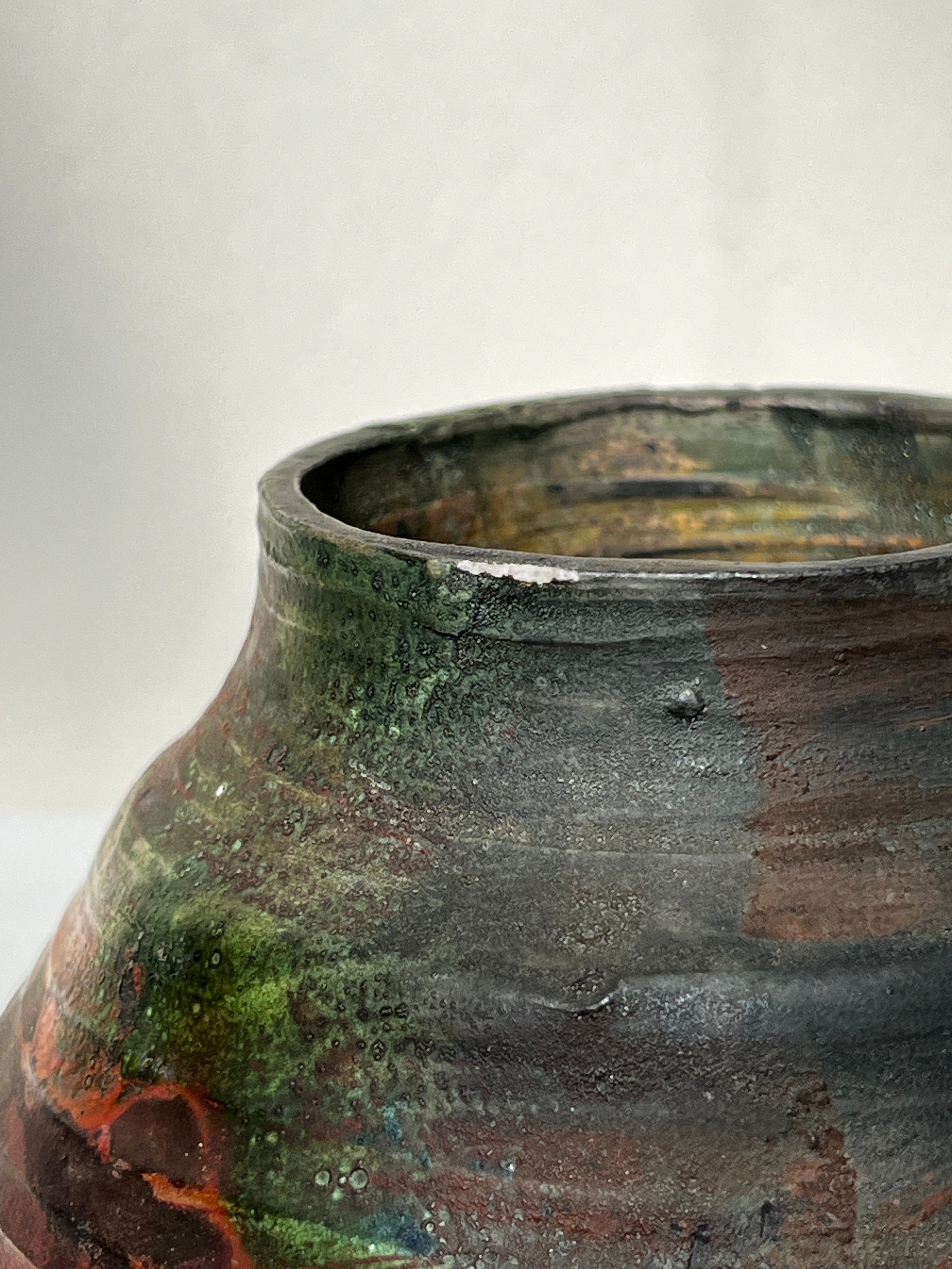 Raku Vintage Hand Crafted Ceramic Vase Signed Billie Goldman showcasing a unique multicolor glaze pattern. hommes + gardens estudio