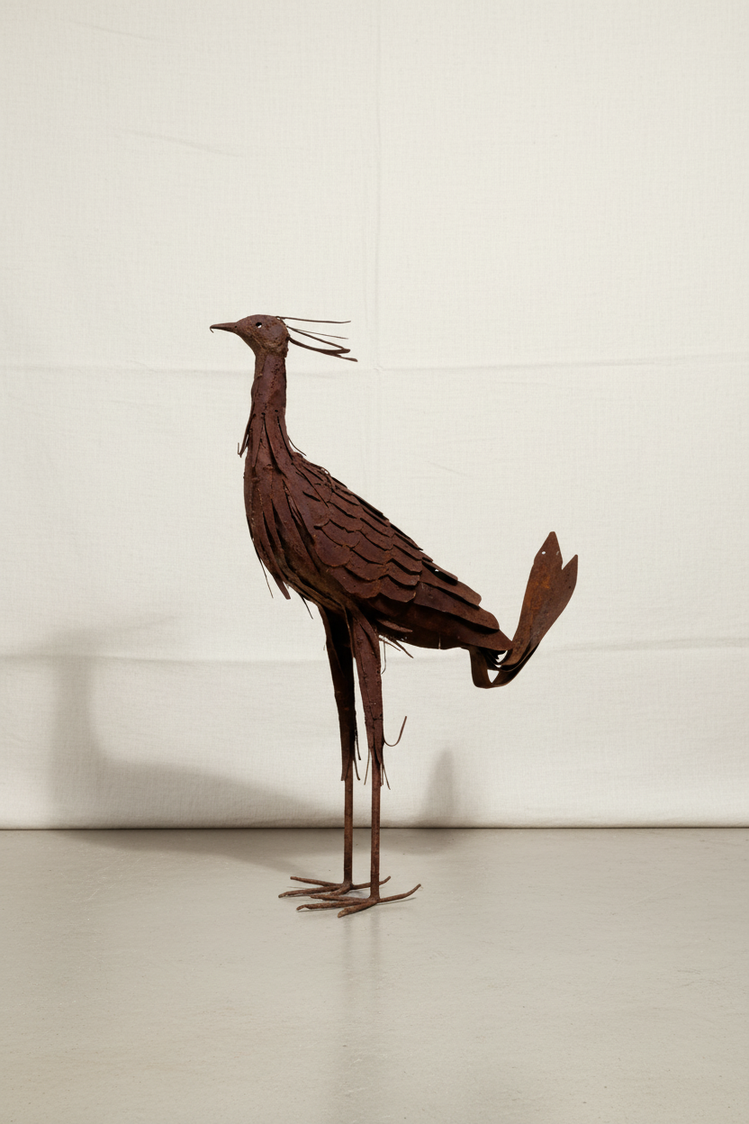 Vintage Heavy-Gauge Metal Peacock sculpture showcasing intricate craftsmanship and vintage sophistication. hommes + gardens estudio.
