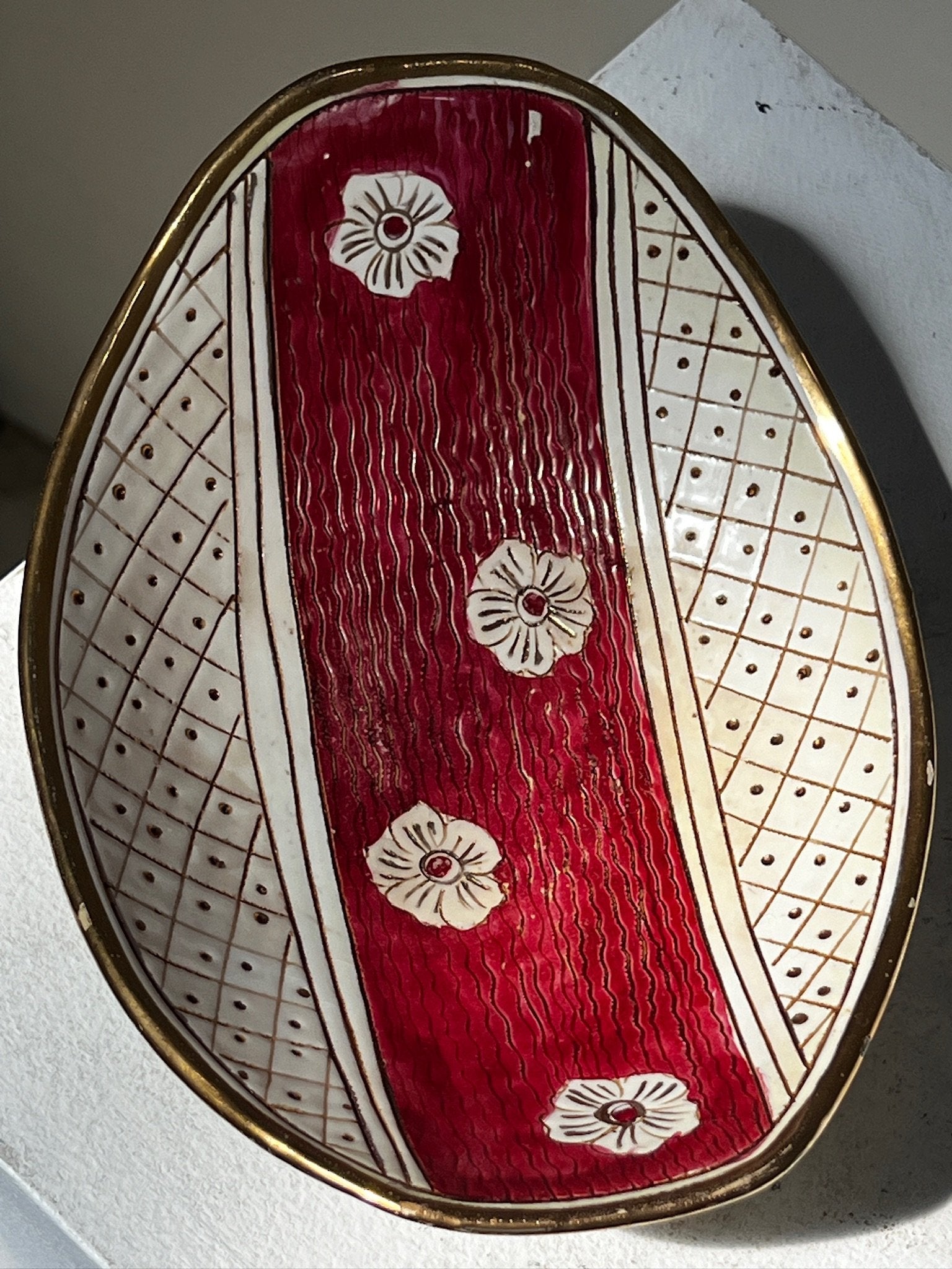 Italy Belfor Handpainted Ceramic bowl - Mid-century design featuring vibrant red and floral motifs, ajouter hommes + gardens estudio.