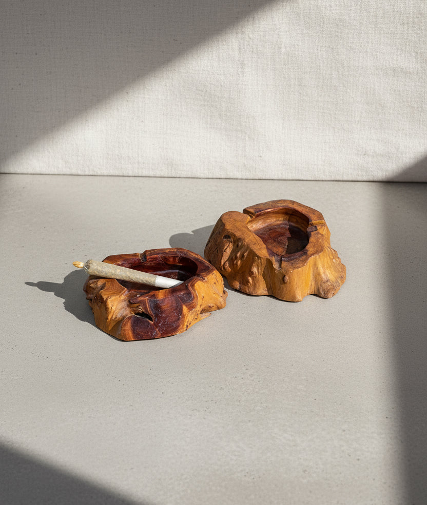 Vintage Japanese Tree Stump Ashtrays (set of 2) showcased as unique smoking accessories on a minimalist surface. hommes + gardens estudio.