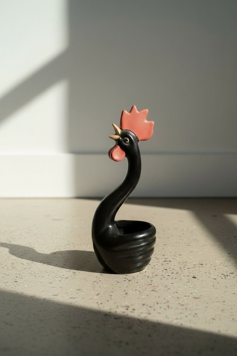 Vintage Maddux California Pottery Black Rooster Planter showcasing Mid-Century Modern design. hommes + gardens estudio.