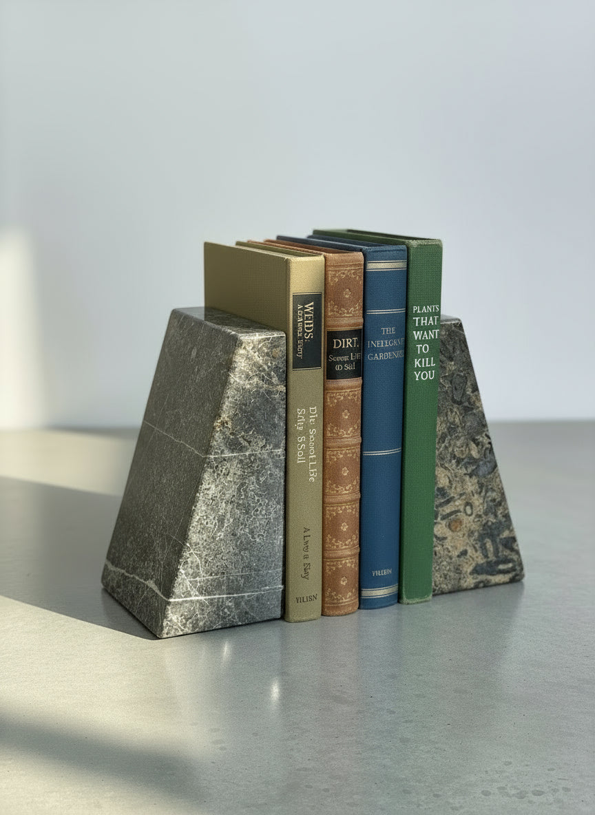 Pair of marble bookends - Made in Pakistan holding books, showcasing elegant marble design for home decor. hommes + gardens estudio.