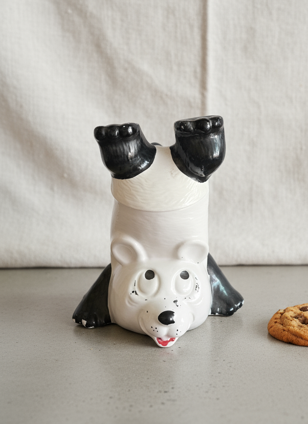 Vintage McCoy Pottery Panda Cookie Jar showcasing a whimsical panda bear design on a kitchen countertop. hommes + gardens estudio.