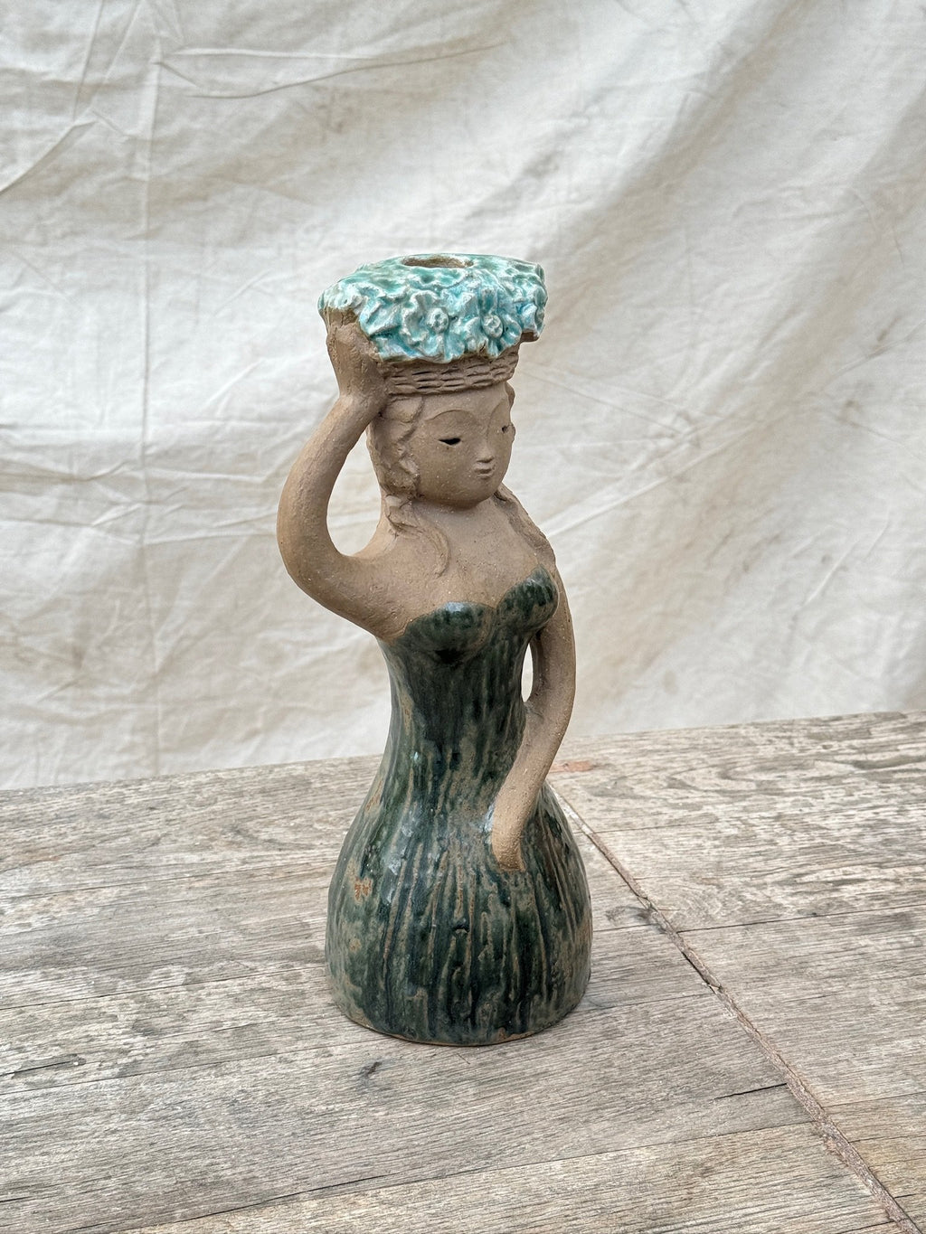 Vintage Stoneware Hungarian Mermaid Figurine Candle Holder displaying a charming mermaid design, perfect for coastal decor. hommes + gardens estudio