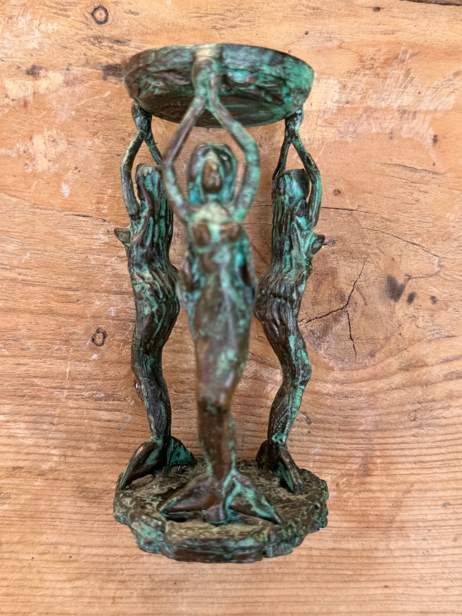 Patina mermaids Candle Holders and Incense Burner featuring intricate mermaid designs, perfect for vintage decor. hommes + gardens estudio.