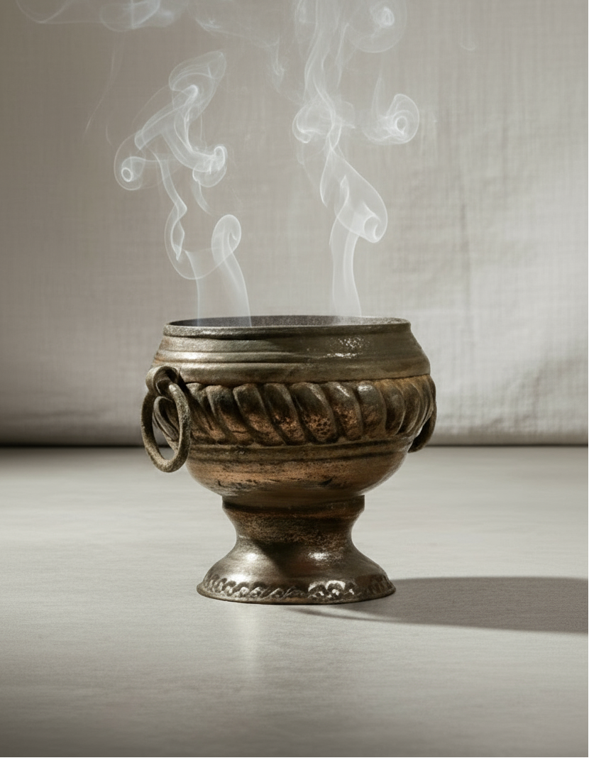 Vintage Metal Incense Urn with swirling smoke, showcasing its intricate design and vintage appeal. hommes + gardens estudio.