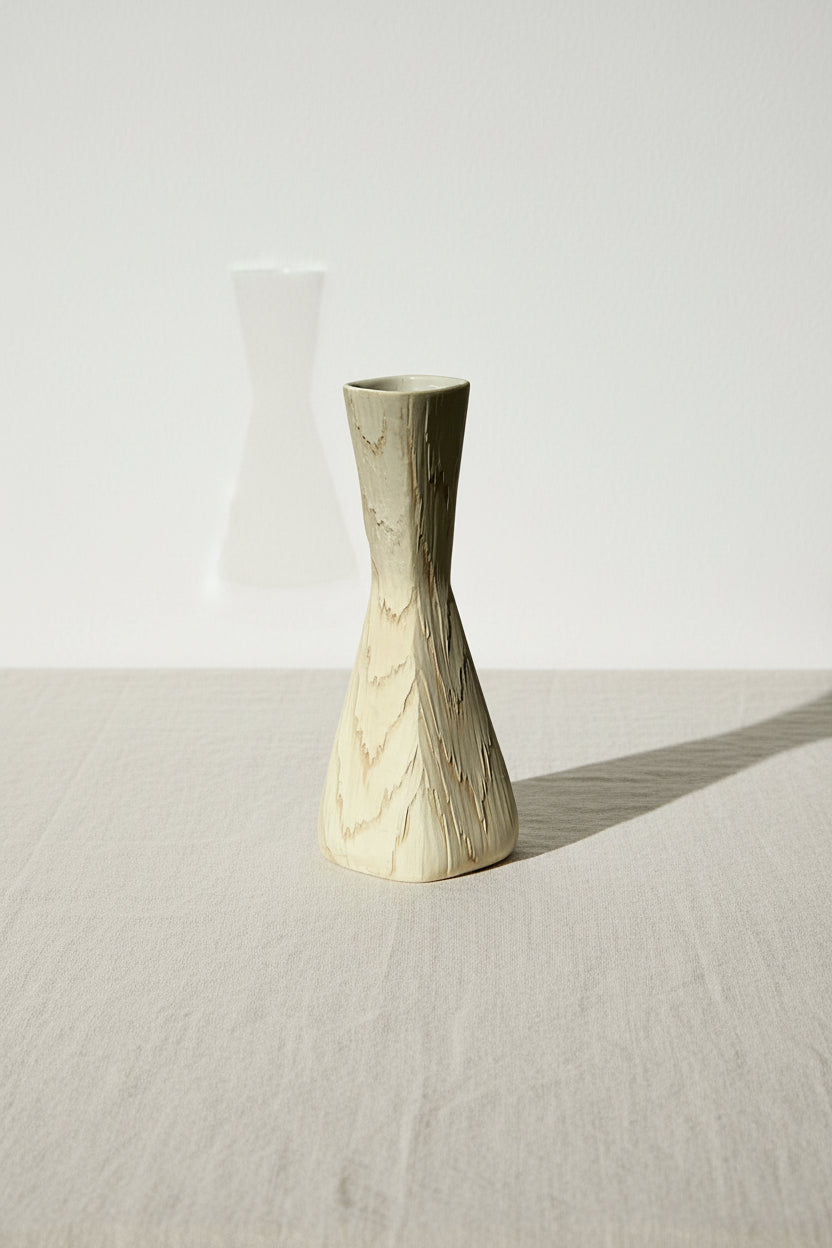 Vintage Mid Century Fairy Wood Vase by Shawnee USA with simulated wood grain texture, adding retro charm to decor. hommes + gardens estudio.