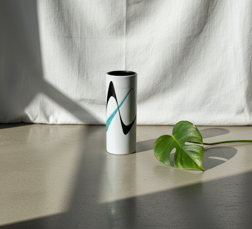 Vintage Müller Lucerne studio pottery vase with sleek cylindrical form, hand-painted black and teal abstract design on matte white surface, a mid-century modern Swiss ceramic collectible — Hommes and Gardens, Home Decor Collection, Decorative Objects, Landscape Architect, Interior Designer, Outdoor Living, Outdoor Decorations, Home Design, Luxury Design, Art, Furniture, Objects, Best Gifts, Nature, Backyard, Yard.