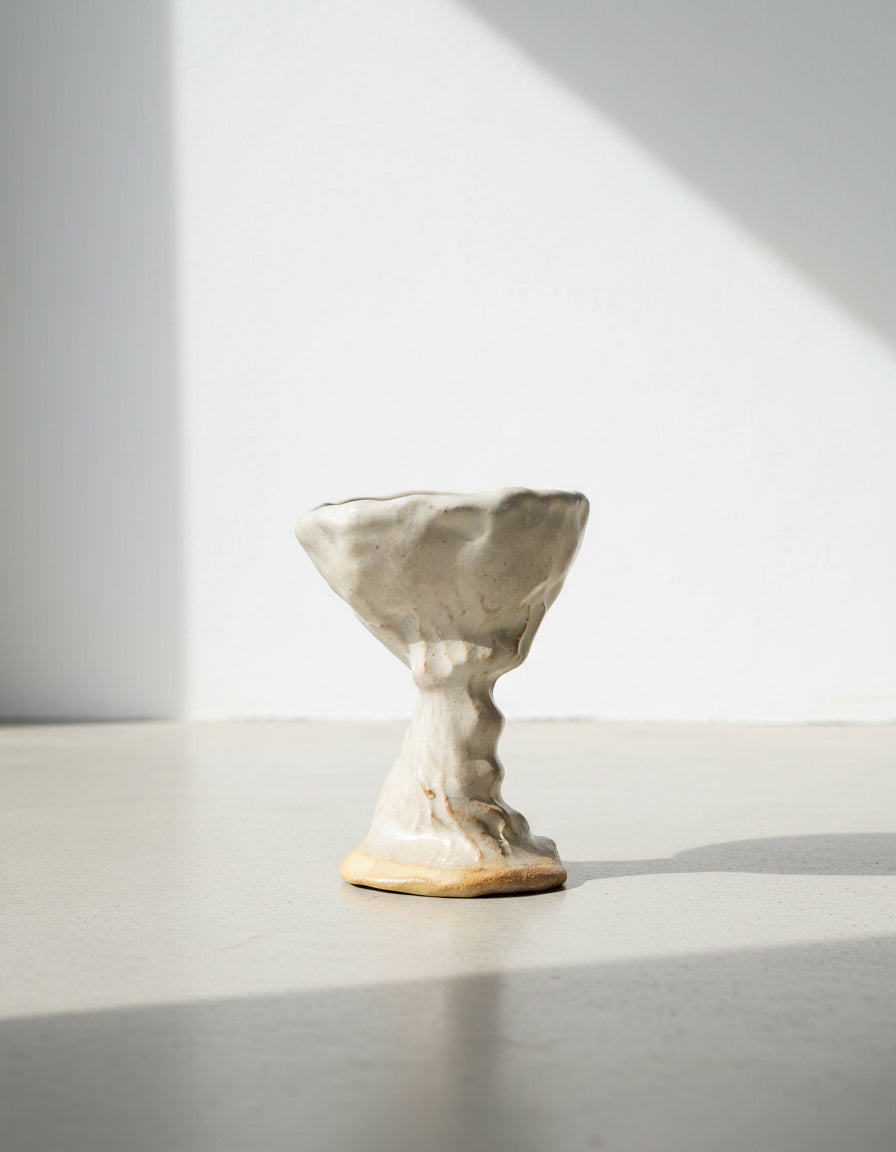 Vintage Naïve Art Pottery Goblet with Hand Pressed Stem Signed Mary, featuring a unique hand-shaped stem, handcrafted charm. hommes + gardens estudio.