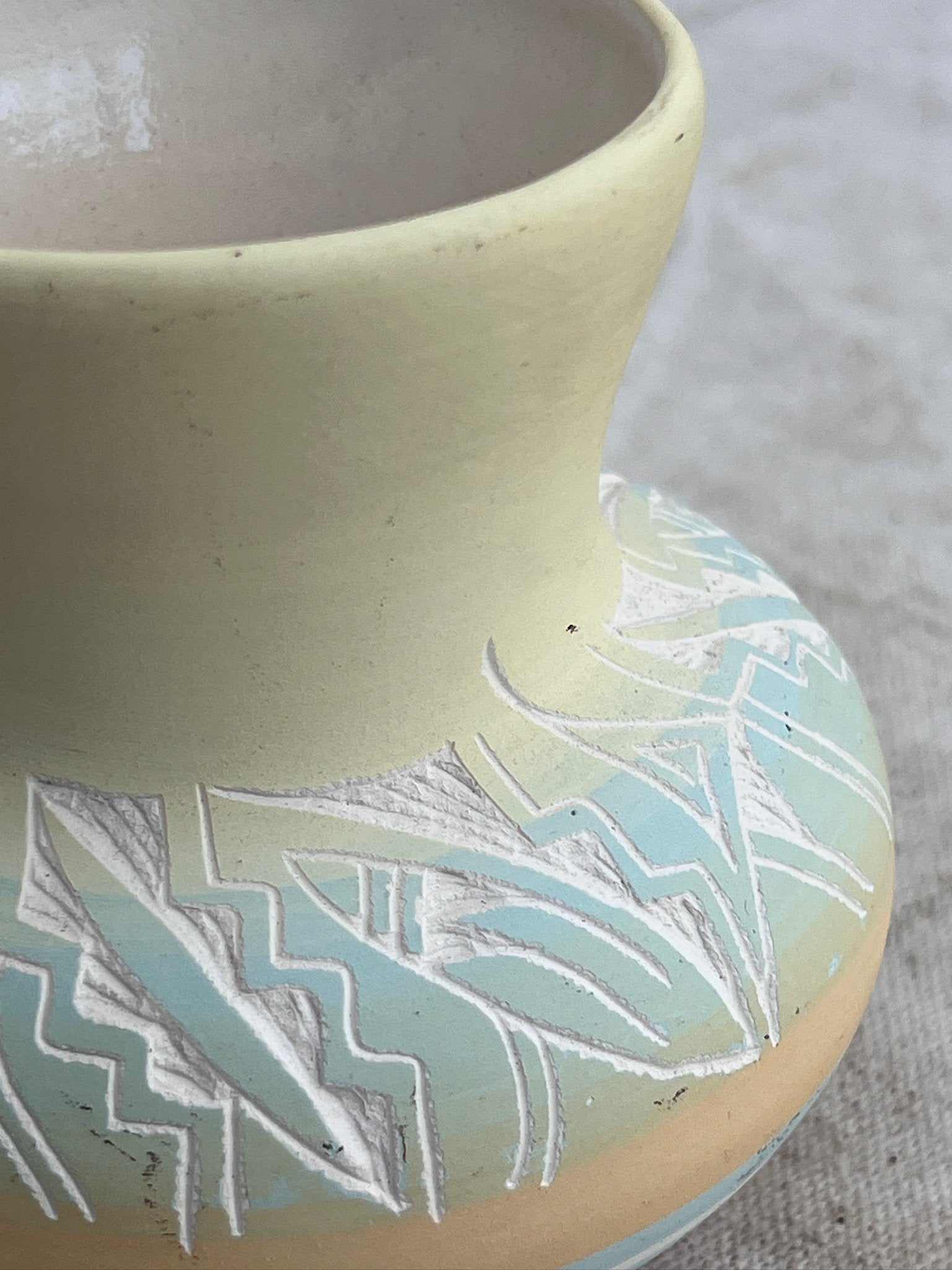 Vintage signed Navajo pottery vase in yellow and blue, handmade by Native American artisans, showcasing authentic cultural artistry — Hommes and Gardens, Pots + Vessels Collection, Landscape Architect, Interior Designer, Outdoor Living, Outdoor Decorations, Home Decor, Home Design, Luxury Design, Art, Furniture, Objects, Best Gifts, Nature, Backyard, Yard.