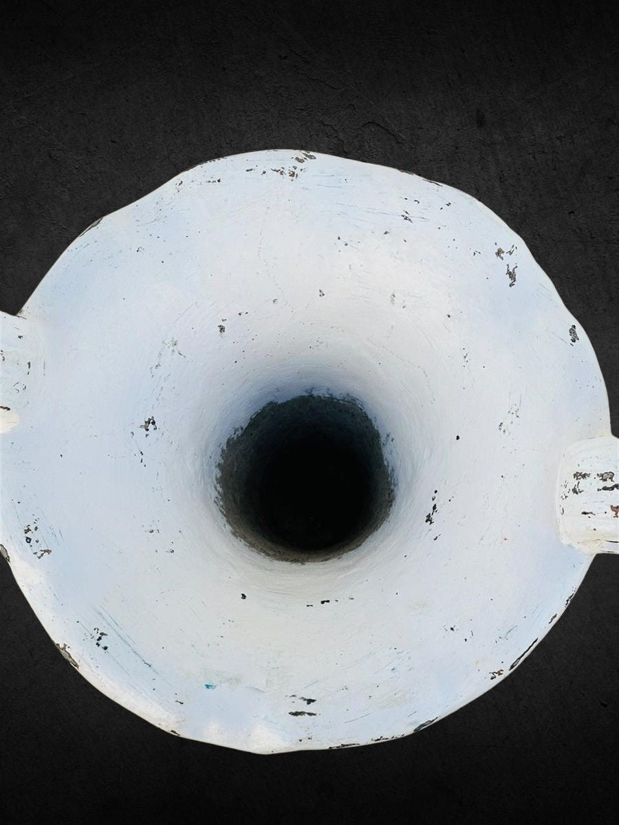 Vintage Neoclassical concrete garden urns with flared rims, elegant swag relief, and weathered white paint, a timeless architectural pair for gardens or patios — Hommes and Gardens, Decorative Collection, Home Decor, Landscape Architect, Interior Designer, Outdoor Living, Outdoor Decorations, Home Design, Luxury Design, Art, Furniture, Objects, Best Gifts, Nature, Backyard, Yard.