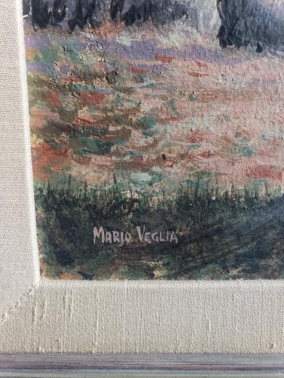 Close-up of Mario Veglia's signature on Vintage 1908-1988 Oil on Canvas Picture Painting of Nature Signed by Mario Veglia. hommes + gardens estudio.