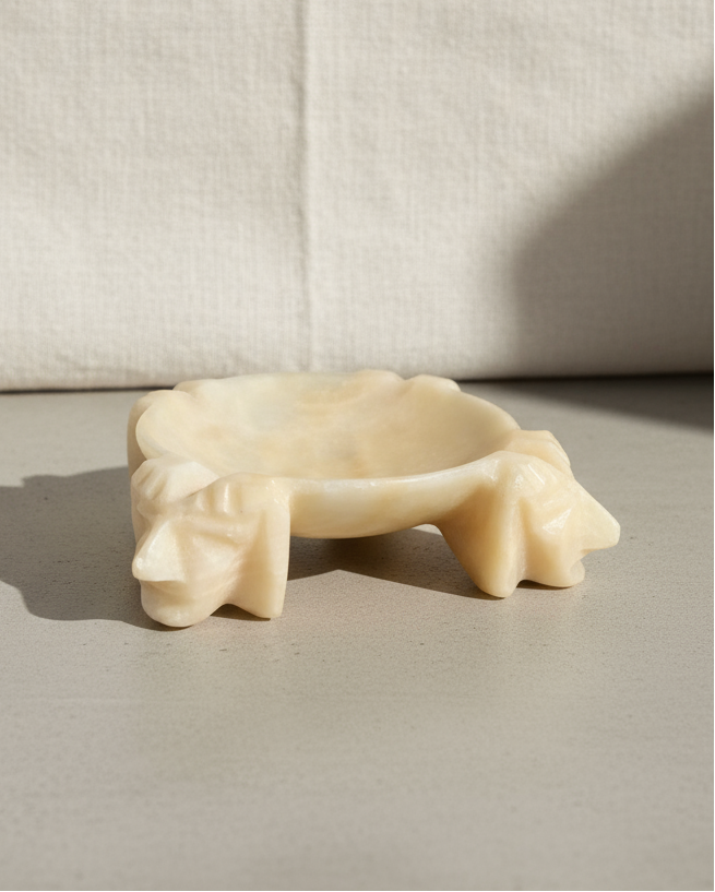 Vintage Onyx Stone Handcarved Aztec Mayan Ashtray 6x6 with unique carvings and earthy tones, perfect for decor. hommes + gardens estudio.