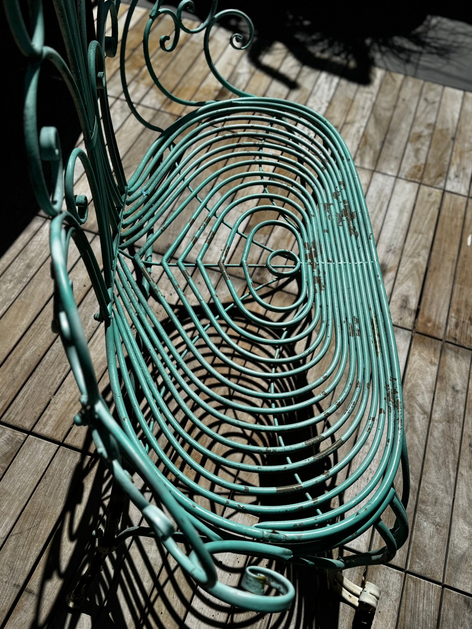 Whimsical Vintage Wrought Iron Peacock Garden Bench – Ornate Scrollwork featuring intricate metalwork and elegant design. hommes + gardens estudio.