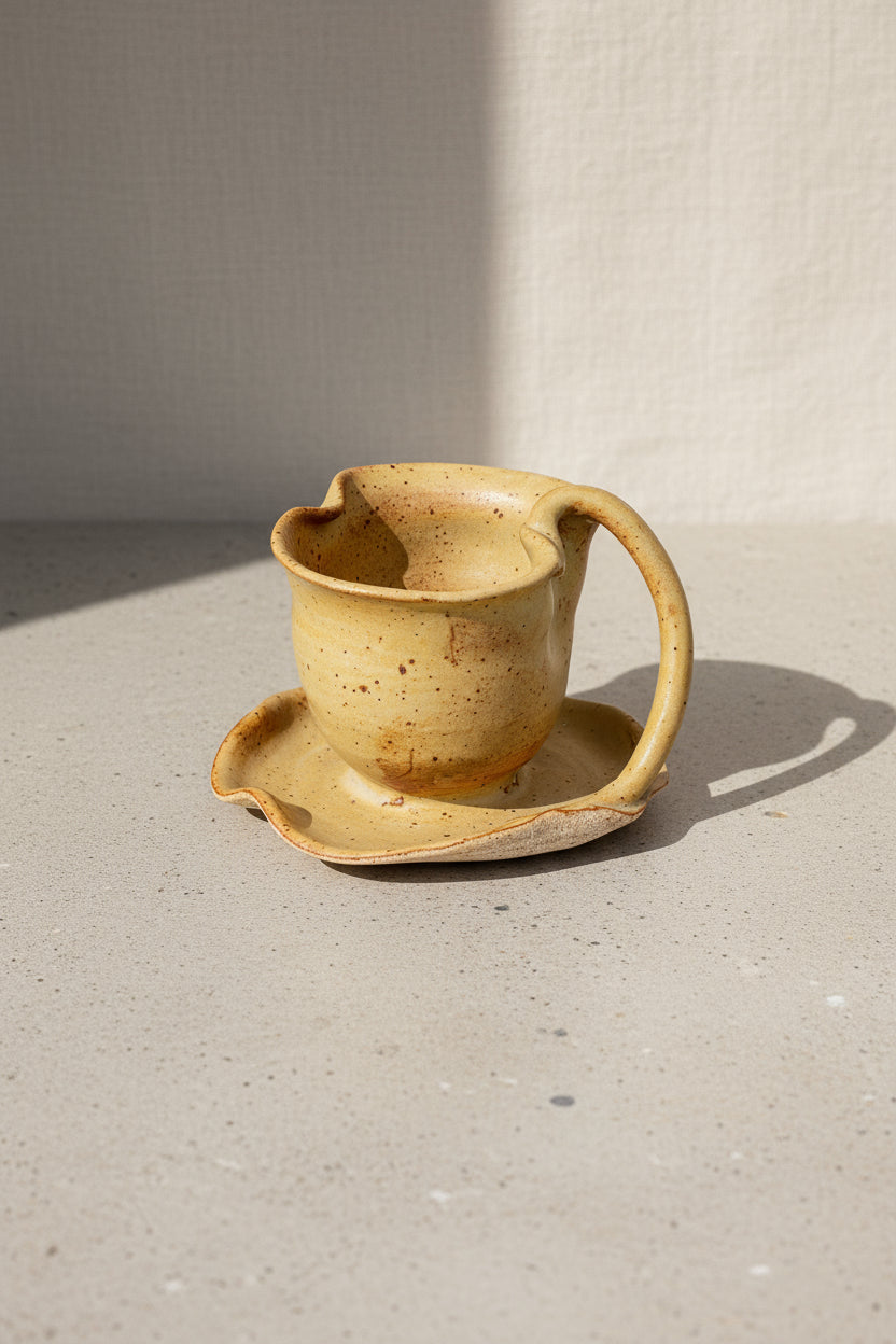 Vintage Pinched Ceramic Gravy Bowl in beige with handle and plate base, timeless tableware classic. hommes + gardens estudio