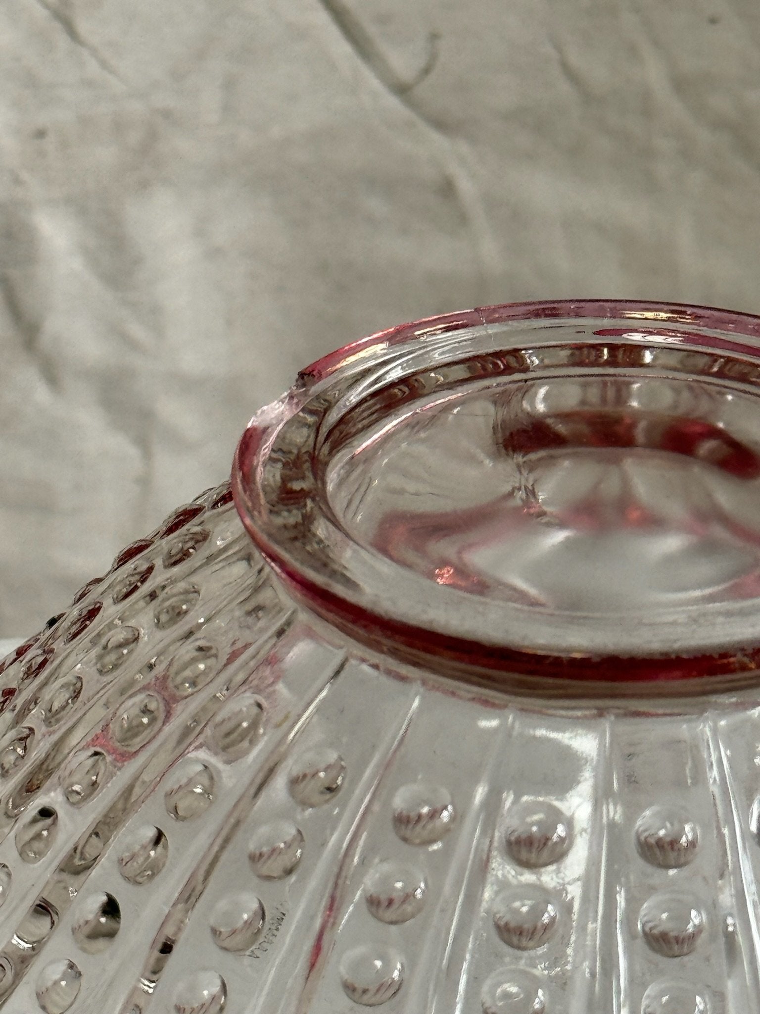 Vintage Depression Oyster And Pearl Pink bowl close-up showing intricate design and pink detailing. hommes + gardens estudio.