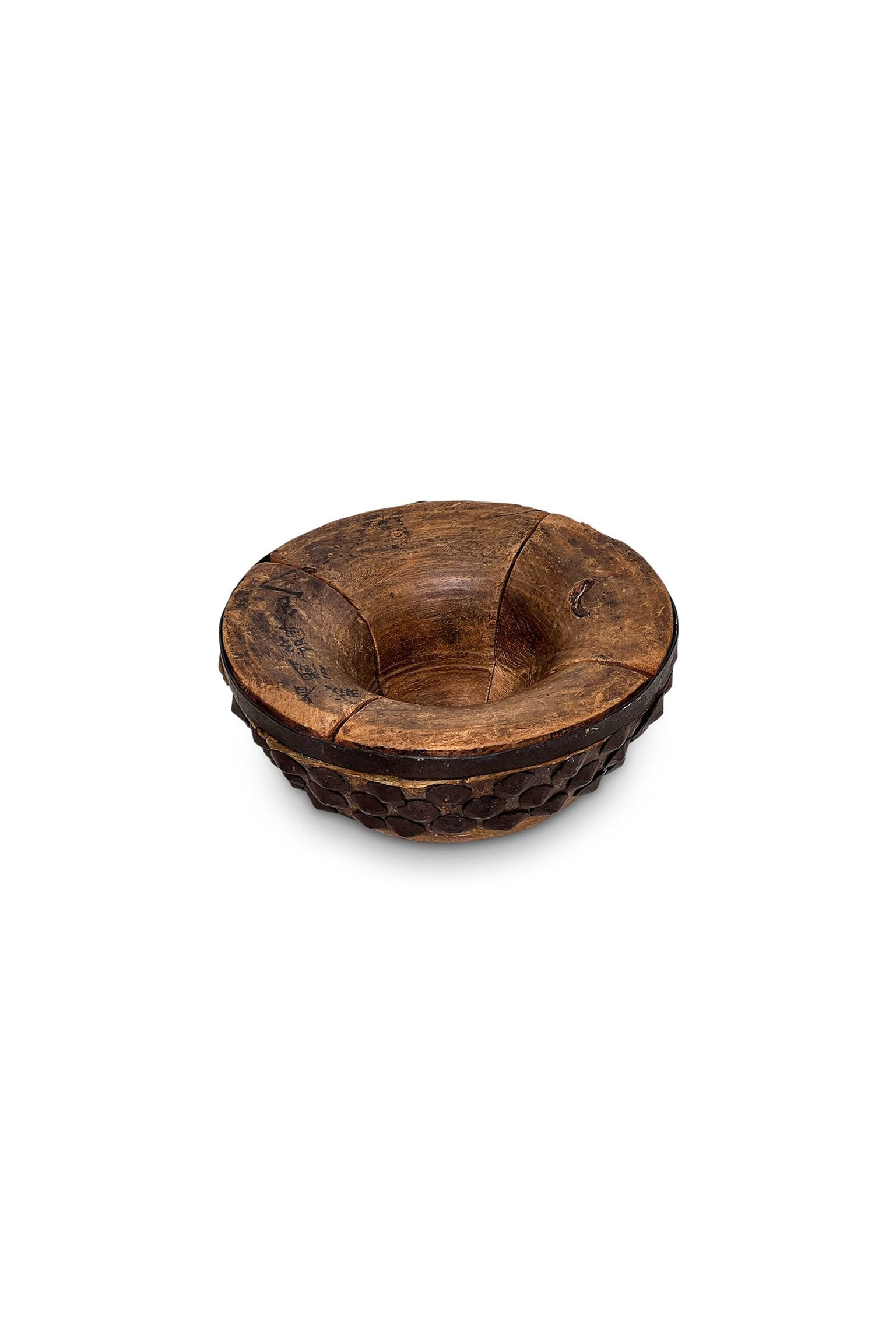 Primitive Chinese Wood & Animal Skin Bowl featuring intricate details and vintage charm. hommes + gardens estudio.