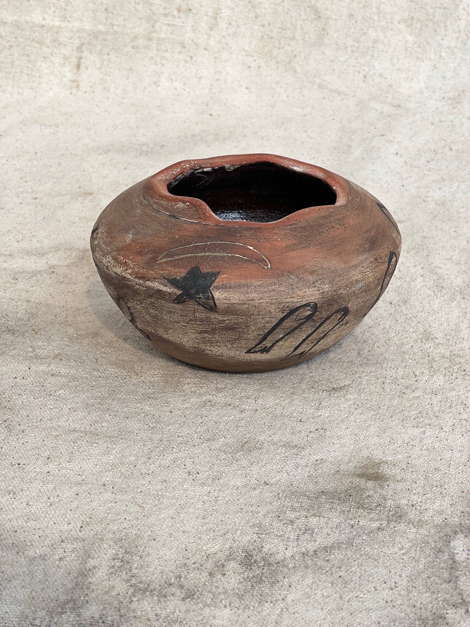 Vintage Clay Vase with Primitive Drawings (Signed) featuring unique animal art. Perfect for home decor. hommes + gardens estudio.