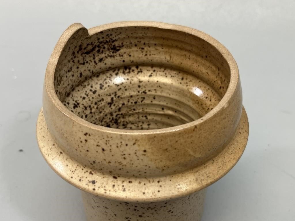 Quebec Artisan Stoneware Pottery Vase - Signed showing the speckled cream and brown interior detail. hommes + gardens estudio.