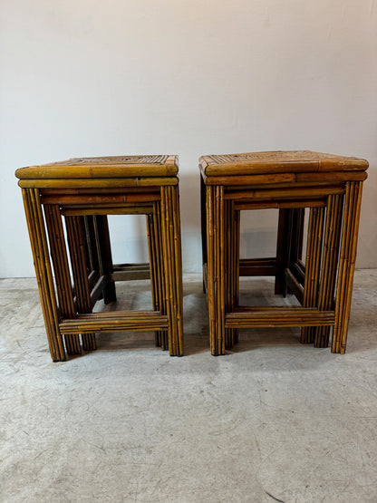 Vintage rattan and bamboo nesting tables with coastal boho aesthetic and rich brown tones, ideal for relaxed, natural interiors — Hommes and Gardens, Furniture Collection, Landscape Architect, Interior Designer, Outdoor Living, Art, Furniture, Objects, Best Gifts, Nature, Backyard, Yard, Outdoor Decorations, Home Decor, Home Design, Luxury Design.