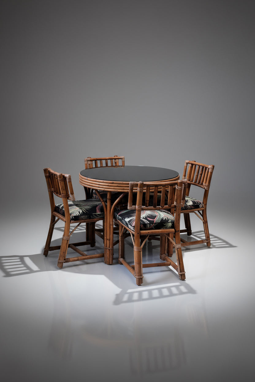 Rattan Bistro Table with Black Glass Top surrounded by stylish chairs, perfect for elegant dining. hommes + gardens estudio.