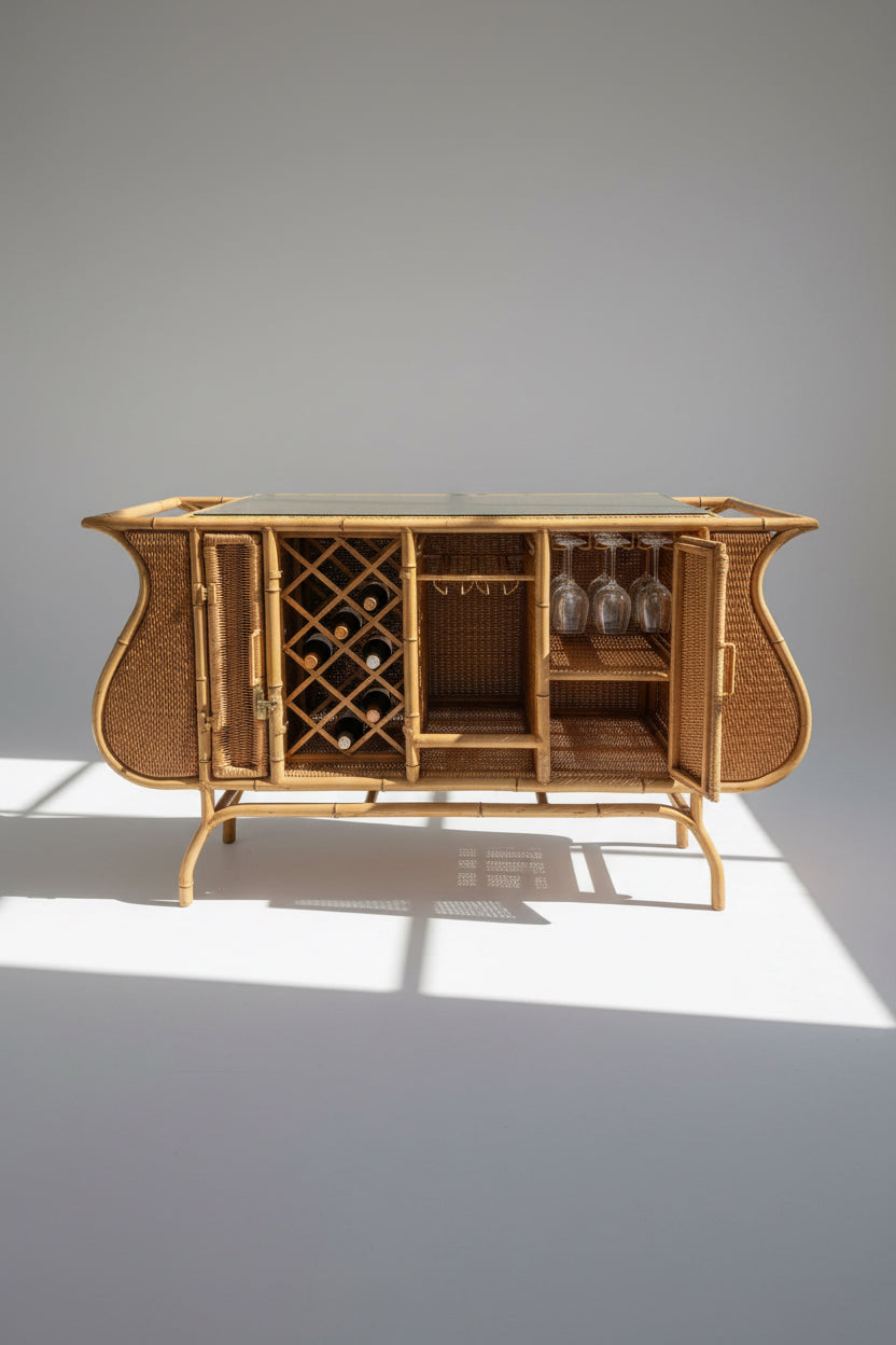 Vintage rattan tiki bar with glass top and pull-out cutting board, blending tropical retro charm and functional mid-century design — Hommes and Gardens, Furniture Collection, Landscape Architect, Interior Designer, Outdoor Living, Outdoor Decorations, Home Decor, Home Design, Luxury Design, Art, Furniture, Objects, Best Gifts, Nature, Backyard, Yard.